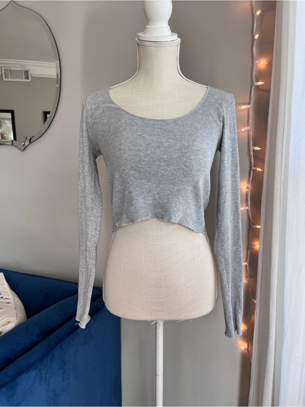 brandy melville grey flowy long sleeve crop top one size